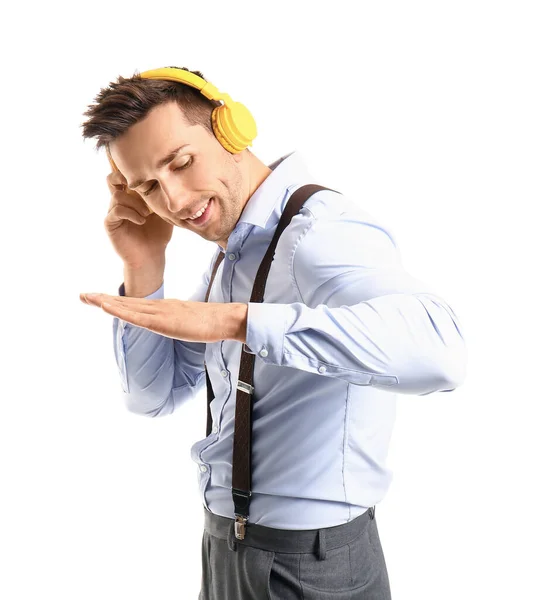 Cool Young Man Listening Music Dancing White Background — Stock Photo, Image