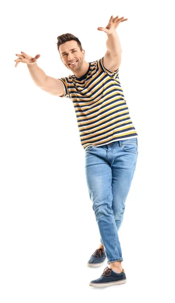 Havalı Genç Adam Beyaz Arka Planda Dans Ediyor — Stok fotoğraf