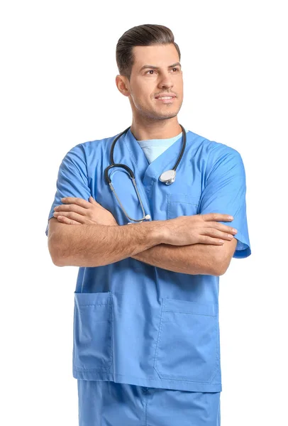 Retrato Jovem Médico Sexo Masculino Sobre Fundo Branco — Fotografia de Stock