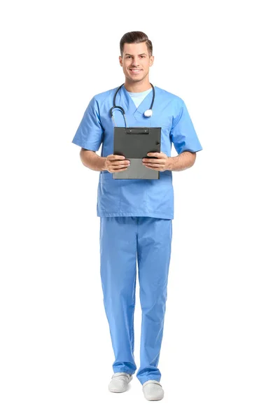 Porträt Eines Jungen Männlichen Arztes Auf Weißem Hintergrund — Stockfoto