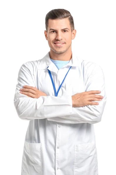 Retrato Jovem Médico Sexo Masculino Sobre Fundo Branco — Fotografia de Stock
