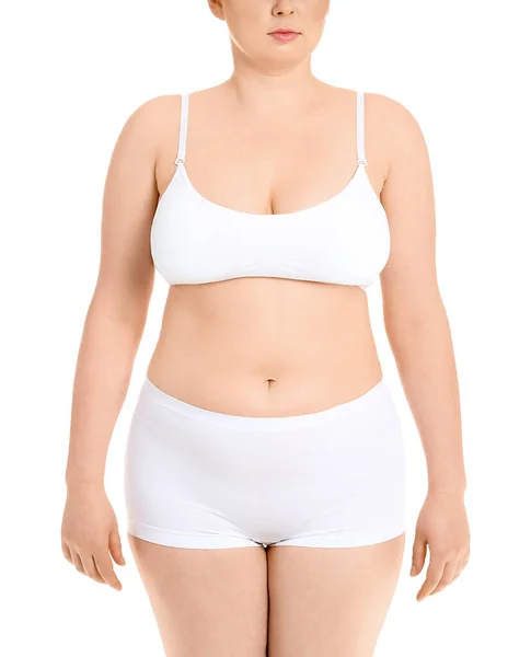Mujer Con Sobrepeso Sobre Fondo Blanco Concepto Pérdida Peso — Foto de Stock