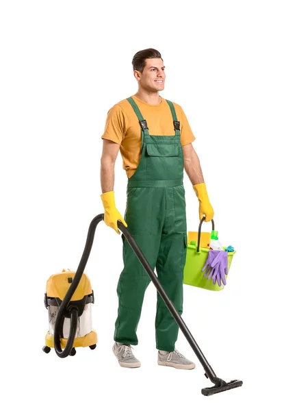 Young Man Vacuum Cleaner Supplies White Background — Stock Photo, Image