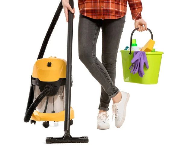 Young Man Vacuum Cleaner Supplies White Background — Stock Photo, Image