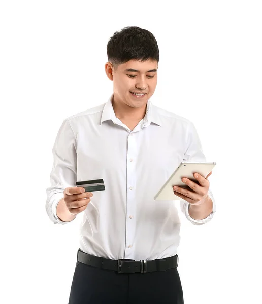 Asiatique Homme Affaires Avec Carte Crédit Tablette Sur Fond Blanc — Photo