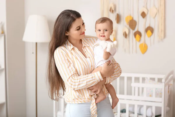 Happy Mother Cute Little Baby Home — Stock Photo, Image