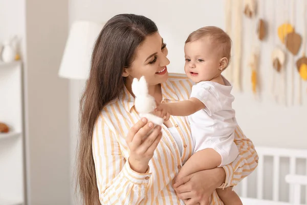 Happy Mother Cute Little Baby Home — Stock Photo, Image