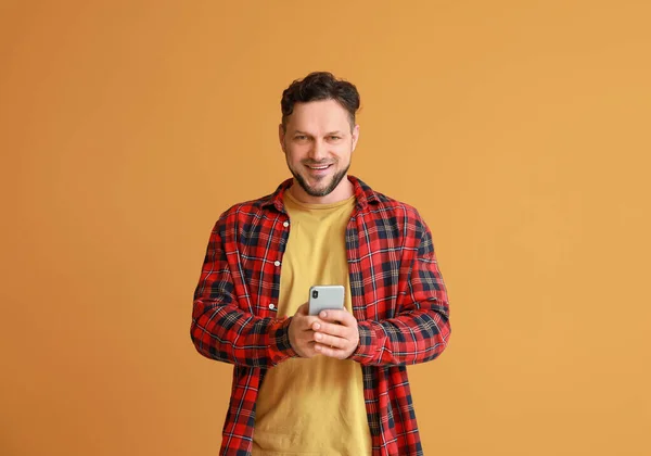Stylish Man Mobile Phone Color Background — Stock Photo, Image