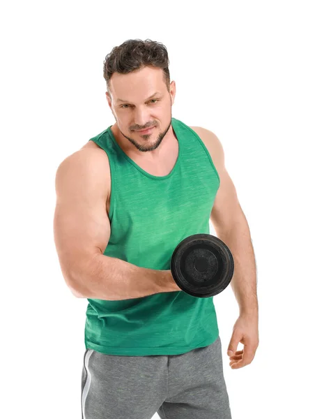 Sporty Man Dumbbell White Background — Stock Photo, Image