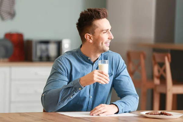 Young Man Drinking Milk Kitchen — Stock Photo, Image