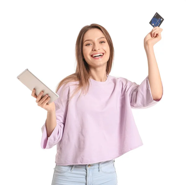 Mladá Žena Počítačem Kreditní Kartou Bílém Pozadí Koncept Nakupování Online — Stock fotografie