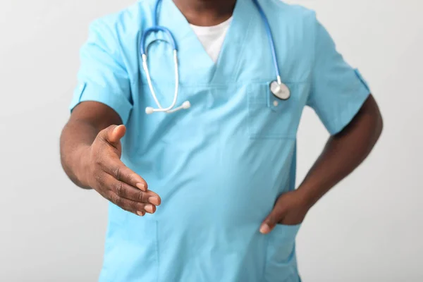 Male African American Doctor Light Background Closeup — Stock Photo, Image