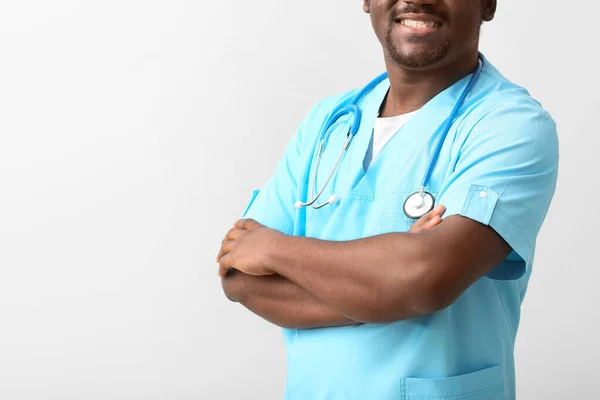 Male African American Doctor Light Background — Stock Photo, Image