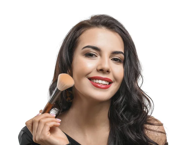 Beautiful Young Woman Makeup Brush White Background — Stock Photo, Image