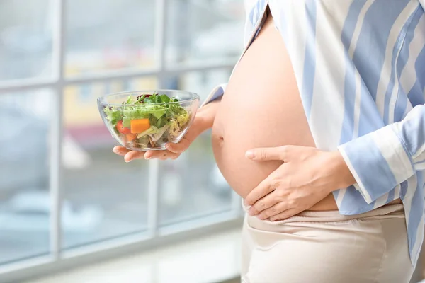 Beautiful Pregnant Woman Healthy Salad Window — Stock Photo, Image