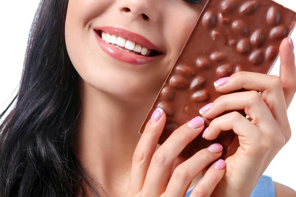 Beautiful Young Woman Chocolate Closeup — Stock Photo, Image