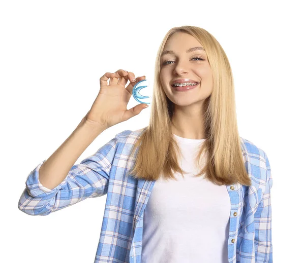 Young Woman Dental Braces Mouth Protector White Background — Stock Photo, Image