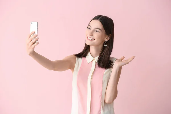Beautiful Young Woman Taking Selfie Color Background — Stock Photo, Image