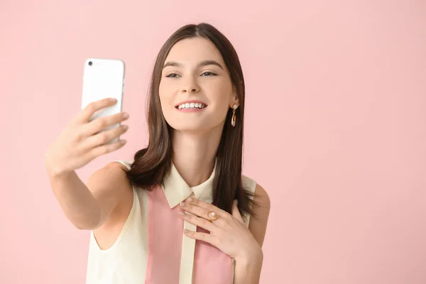 Beautiful Young Woman Taking Selfie Color Background — Stock Photo, Image