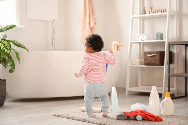 Little African American Baby Playing Washing Liquids Home Child Danger — Stock Photo, Image