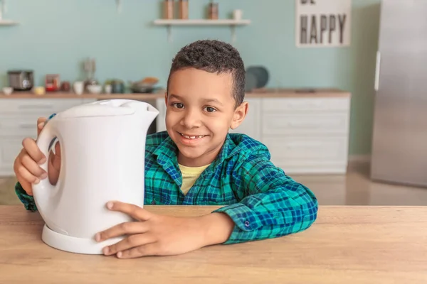 Little African American Boy Playing Kettle Kitchen Child Danger — Stock Photo, Image