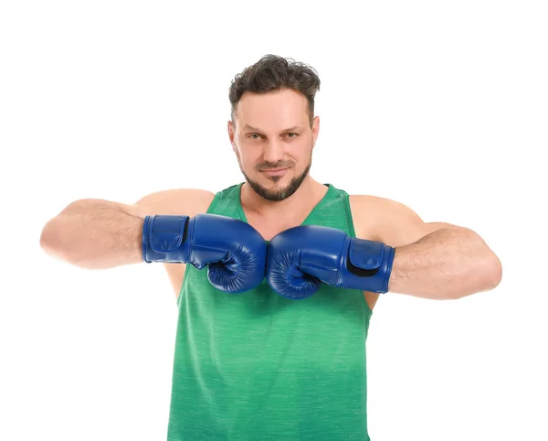 Sporty Man Boxing Gloves White Background Stock Photo