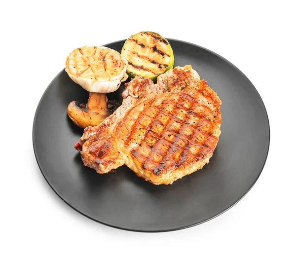 Assiette Avec Steak Porc Cuit Légumes Sur Fond Blanc — Photo