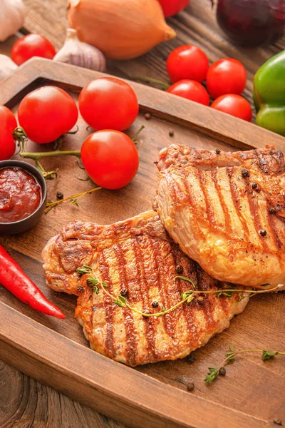 Cooked Pork Steaks Sauce Wooden Board — Stock Photo, Image