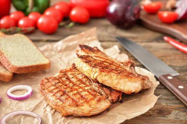 Cooked Pork Steaks Bread Table — Stock Photo, Image