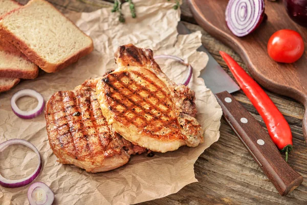 Cooked Pork Steaks Bread Table — Stock Photo, Image