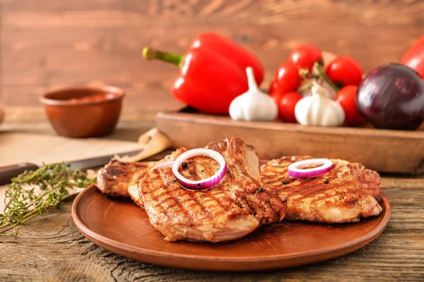Plate Cooked Pork Steaks Table — Stock Photo, Image