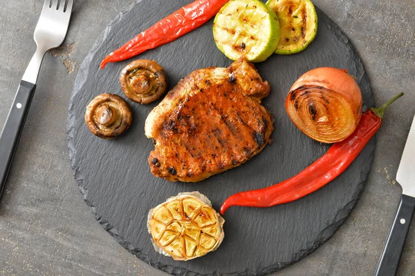 Cooked Pork Steak Vegetables Slate Plate — Stock Photo, Image
