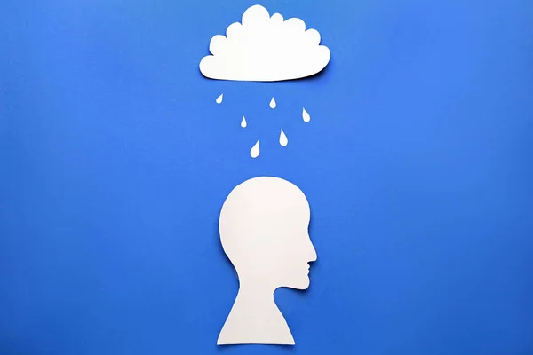 Emberi Fej Felhővel Esővel Színes Háttérrel Depresszió Fogalma — Stock Fotó