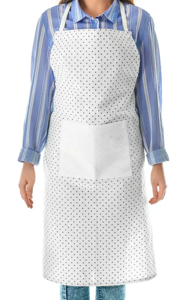 Woman Wearing Clean Apron White Background — Stock Photo, Image