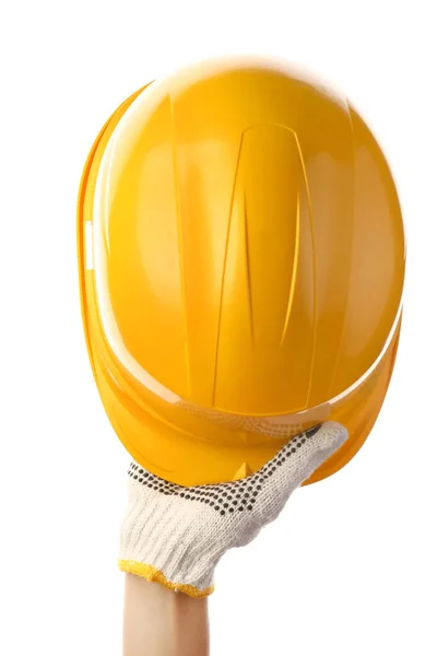 Main Féminine Avec Casque Constructeur Sur Fond Blanc — Photo