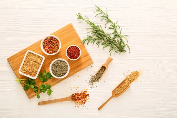 Different Spices White Wooden Background — Stock Photo, Image