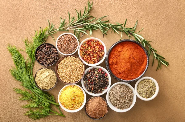 Different Spices Bowls Color Background — Stock Photo, Image