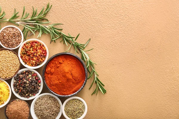 Different Spices Bowls Color Background — Stock Photo, Image