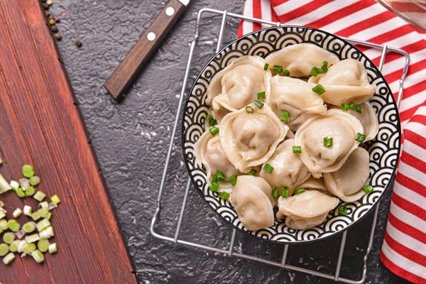Bowl Tasty Dumplings Dark Background — Stock Photo, Image