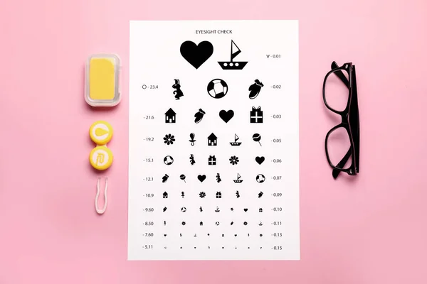 Containers Contact Lenses Eyeglasses Tweezers Eye Test Chart Color Background — Stock Photo, Image