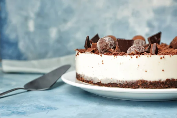 Tasty Chocolate Cheesecake Color Background — Stock Photo, Image