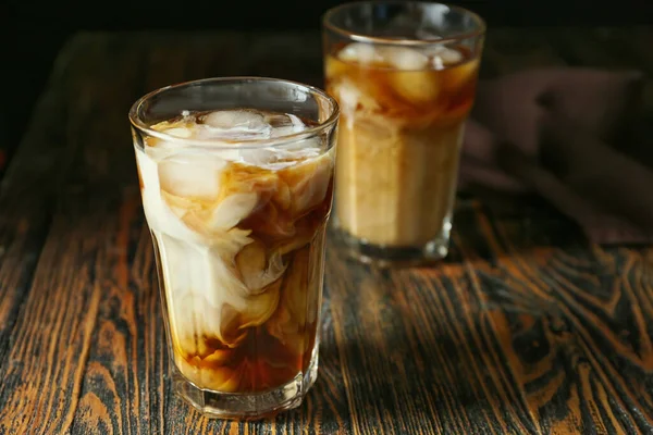 Glass Tasty Iced Coffee Wooden Background — Stock Photo, Image