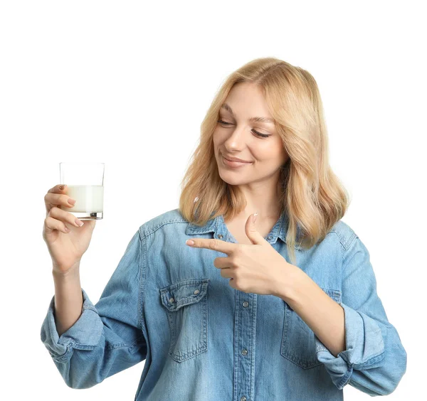 Beautiful Young Woman Milk White Background — Stock Photo, Image