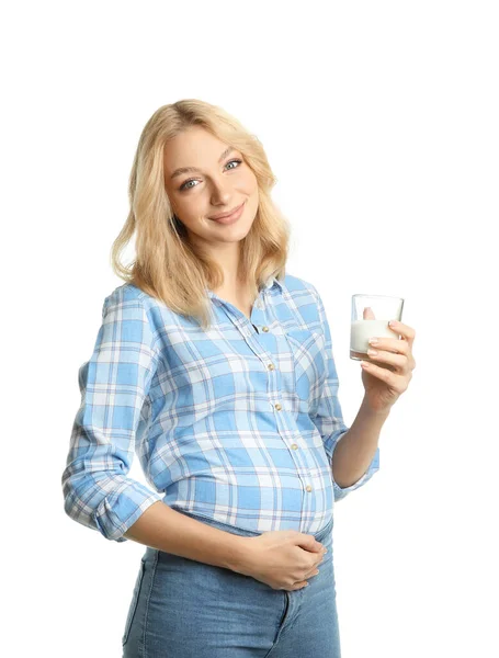 Beautiful Pregnant Woman Milk White Background — Stock Photo, Image