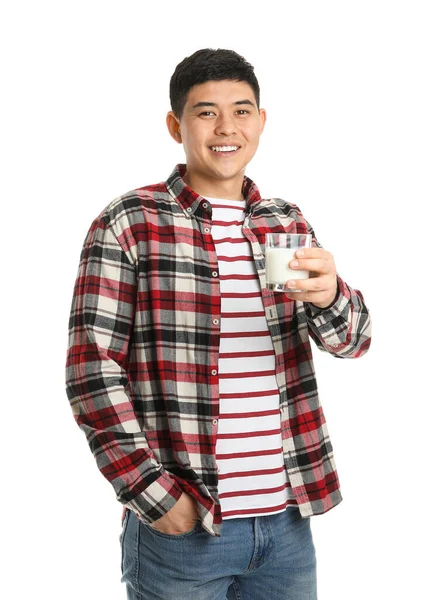 Ung Asiatisk Man Med Mjölk Vit Bakgrund — Stockfoto