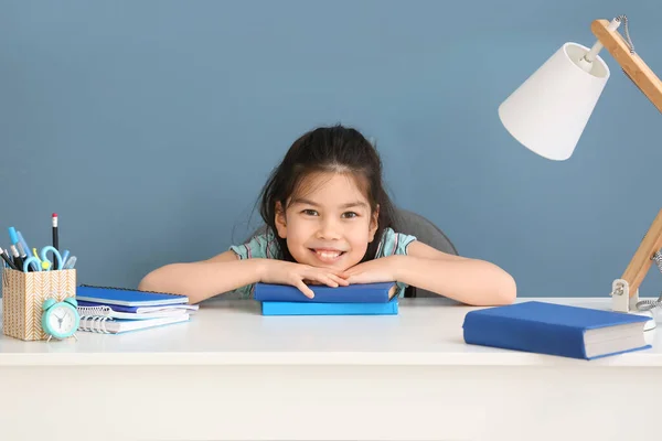 Little Asian Girl Doing Homework Table — Stock Photo, Image