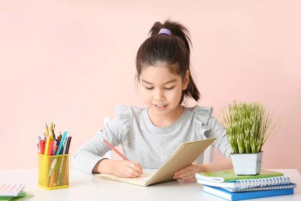 Little Asian Girl Doing Homework Table — Stock Photo, Image