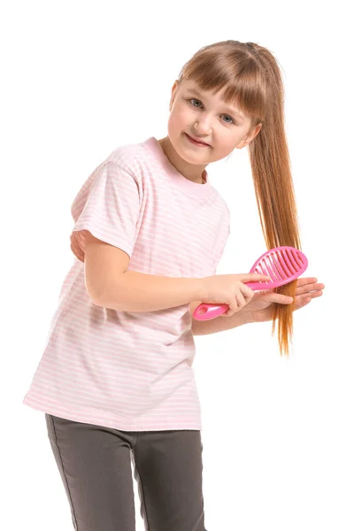 Little Girl Brushing Hair White Background — Stock Photo, Image
