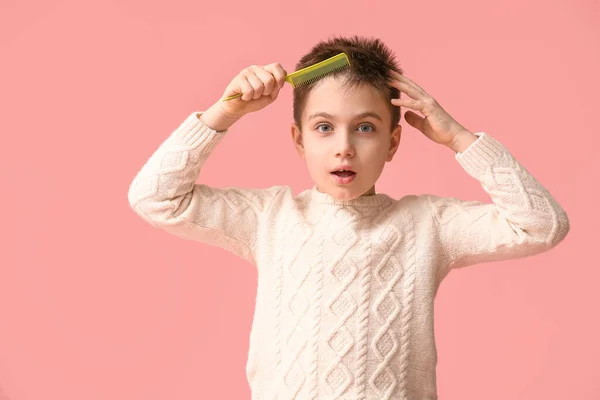 Little Boy Combing Hair Color Background — Stock Photo, Image