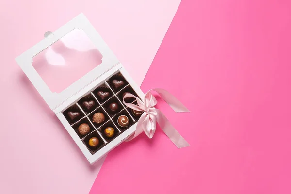 Box Delicious Chocolate Candies Color Background — Stock Photo, Image